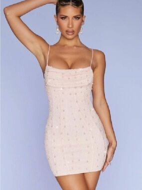 Oh Polly Cowl Neck Embellished Mini Dress in Nude
